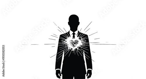 Silhouette of a man in a suit with a glowing, fractured heart bursting with light