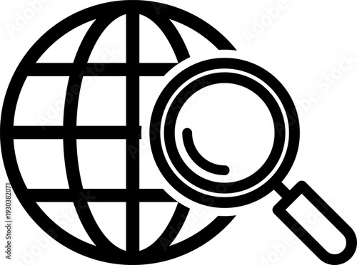 地球と虫眼鏡で表すグローバル検索・リサーチのシンプルアイコン（Global Search and Research Icon with Globe and Magnifying Glass）
