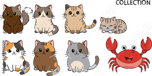Cute cartoon cat collection with different breeds and poses, flat animal vector set including playful crab illustration for kids design