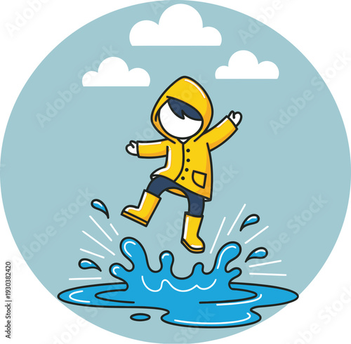 Joyful cartoon child wearing bright yellow raincoat enthusiastically jumps into a large blue puddle after a rain shower