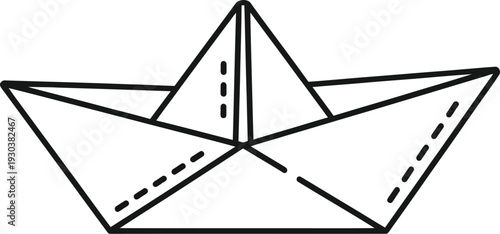 Minimalist black line art drawing of a classic paper boat icon, beautifully illustrating origami art and a symbol of childhood play.