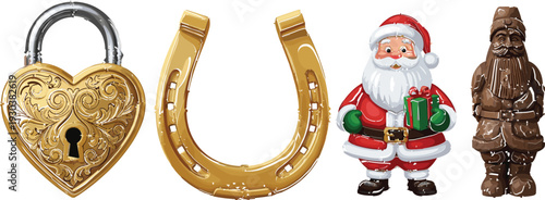 Vintage lucky symbols and Christmas character illustration set featuring heart lock, horseshoe, Santa Claus, and wooden toy figure in hand drawn vector style