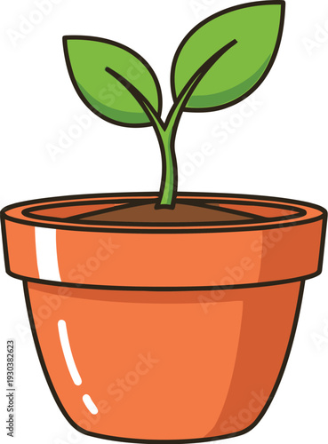 Simple illustration of a newly sprouted green seedling growing patiently inside a classic terracotta flower pot.