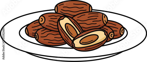 Cartoon illustration of delicious sweet brown dates piled high on a simple white plate against a white background