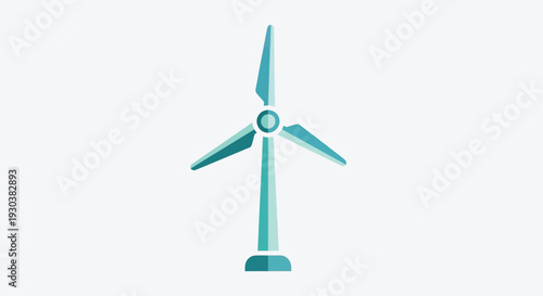 Stylized flat design illustration of a teal and blue wind turbine generating clean renewable energy, symbolizing sustainable power and environmental protection.