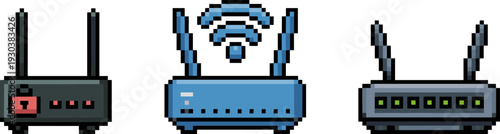 Pixel art wireless router and modem icon set, wifi internet network device vector illustration isolated
