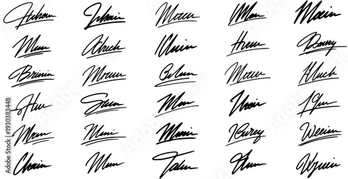 Set of various handwritten signature styles, black ink on white, perfect for personal branding, logos, and official documents, showcasing diverse script typography.