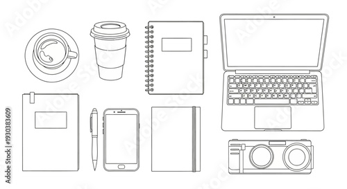 Line Art Outline Icons of Workspace Essentials: Laptop, Notebooks, Coffee, and Tech Gadgets for Productivity