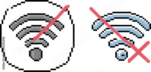 Pixel art no wifi symbol icon set, crossed wireless network connection sign vector illustration isolated