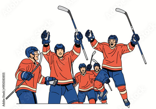 Happy hockey players jumping and celebrating victory