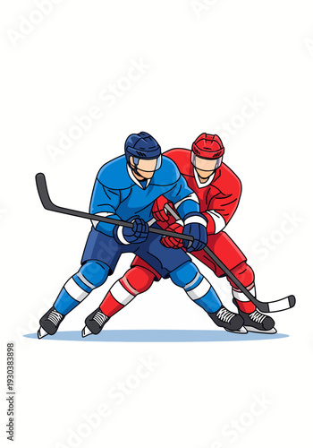 Two hockey players from opposing teams fighting for puck