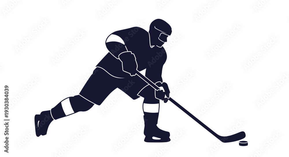 Obraz premium Dark silhouette of hockey player handling puck on white background