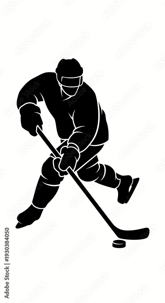 Fototapeta premium Vertical black silhouette of hockey player in dynamic pose