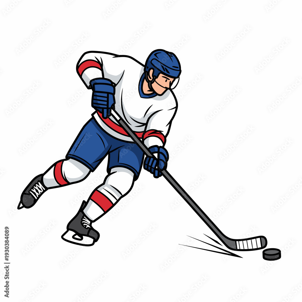 Fototapeta premium Professional hockey player in white jersey skating with puck