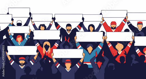 Crowd of hockey supporters holding up empty white signs