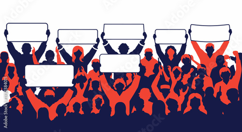 Excited sports fans raising blank placards during hockey match