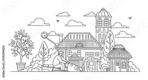 Outline vector illustration of a man mowing the lawn in a residential neighborhood with houses, trees, and a village skyline.