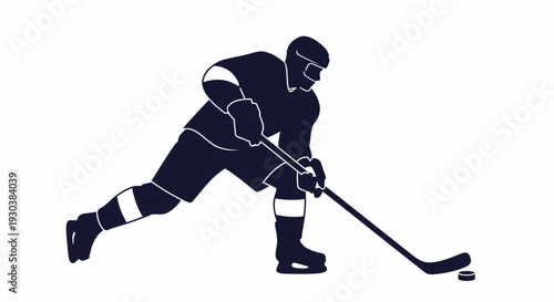 Dark silhouette of hockey player handling puck on white background