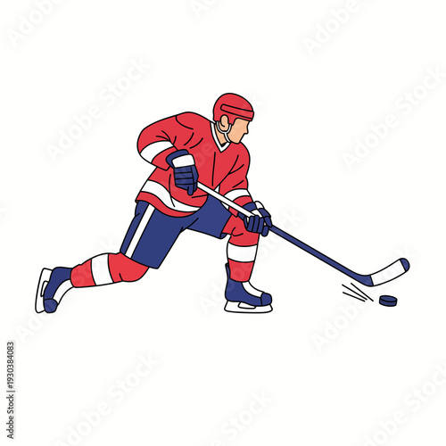 Ice hockey player in red jersey skating with puck
