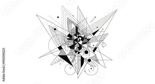 Modern abstract geometric design featuring complex overlapping lines, triangles, and circles in a monochrome, minimalist style