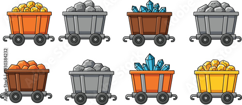 Mining carts with coal, gold and crystal resources cartoon set, industrial mine wagons collection, mineral extraction illustration for game assets and resource management design