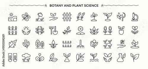 Botany icon set. Contain linear symbols biology, plant, nature, eco, environment and more. Eco icon collection. Modern vector UI icons. Editable vector.