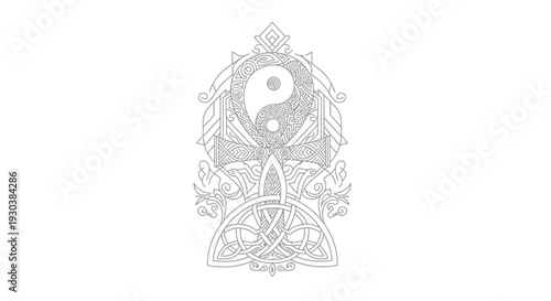 Intricate Yin Yang symbol with Celtic knotwork, ornamental patterns, and decorative elements representing harmony and spiritual balance
