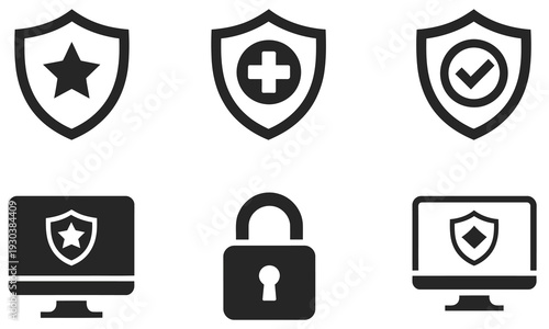 Computer Security and Data Protection Icon Set, professional cybersecurity symbols collection with digital shield, secure server, password lock, network firewall, privacy protection concept, clean out