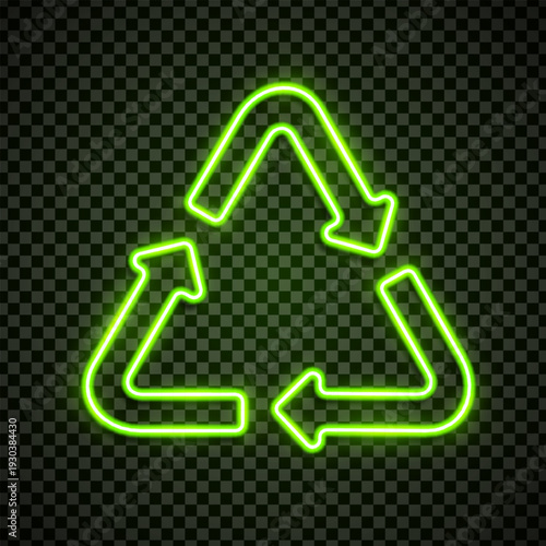 Green realistic neon recycle sign. Packaging symbol. Eco icon. Vector illustration