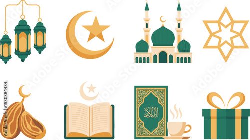 Islamic Ramadan Kareem icon set, mosque crescent lantern Quran dates coffee gift vector illustration, flat design religious symbols collection