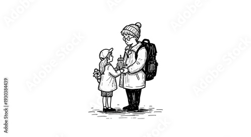 Emotional hand-drawn illustration: adult traveler with backpack and small child holding hands, a symbolic moment of connection, farewell, or reunion.