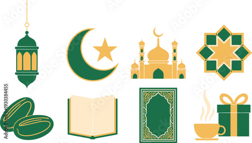 Islamic Ramadan Kareem icon set, mosque crescent lantern Quran dates coffee gift vector illustration, flat design religious symbols collection