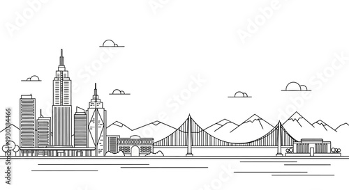 Modern City Skyline Outline Vector Illustration. Urban Landscape Line Art Drawing with Tall Buildings, Suspension Bridge, and Mountains.