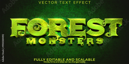 A vibrant green vector text effect with the words Forest Monsters on a dark background