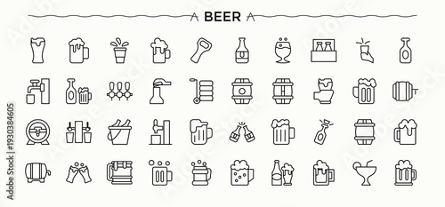 Beer line icon set. Thin outline icons pack. Editable stroke. Vector collection. Bar icon set. It contains symbols to drink, beverage, brewer, pub and more.