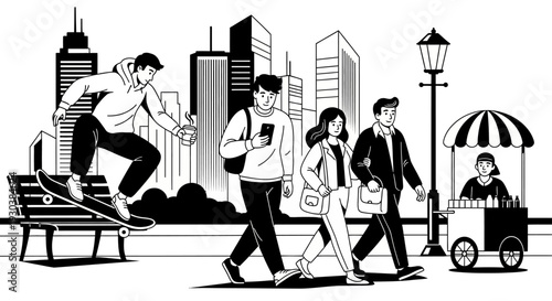 Black and white illustration of dynamic urban city life with diverse people walking, a street vendor, and a skateboarder doing a trick.
