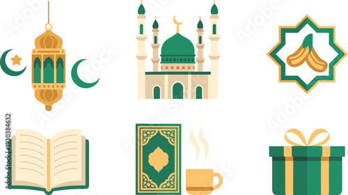 Islamic Ramadan Kareem icon set, mosque crescent lantern Quran dates coffee gift vector illustration, flat design religious symbols collection