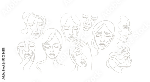 Abstract Line Art Faces Depicting Sadness, Grief, and Emotional Pain. Minimalist Vector Illustration of Crying Women.