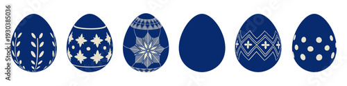 東欧風 群青のイースターエッグセット 民芸調ベクター素材（白模様・背景透過）