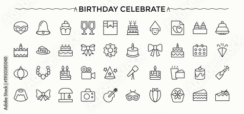 Happy Birthday modern icon set. Modern vector illustration. Event icon set. Includes thin line symbols party, decoration, present, happy, birthday, surprise and more.