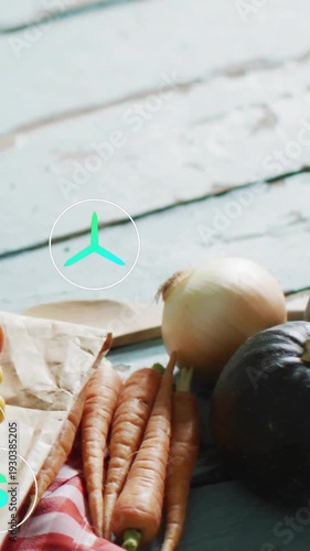 Vertical video: On play, teal icons hovering and pulsing above carrots and onion, marking produce
