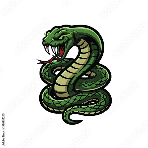 Green Snake Mascot Logo Design with Fangs and Tongue.