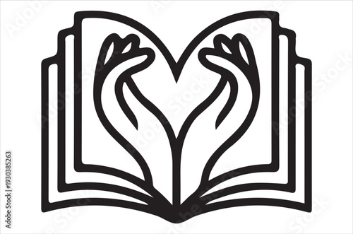 An open book with hands forming a heart shape within the pages