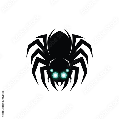Black Spider with Glowing Green Eyes on White Background.