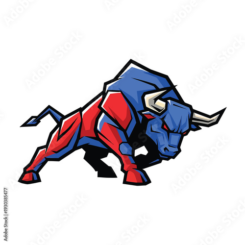 Dynamic Red and Blue Bull Mascot Illustration.