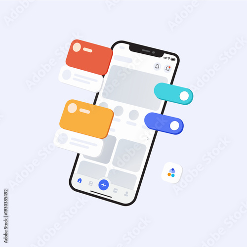 Isometric smartphone mockup with colorful floating app notification cards and user interface elements for mobile app presentation.