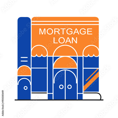 A blue and orange icon of a building with mortgage loan written on it