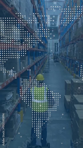 Vertical video: Worker entering, mounting hoverboard and riding aisle, showing global map overlay