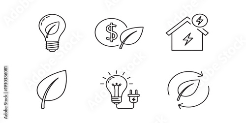 Green energy and sustainable living icons set with leaf and bulb design