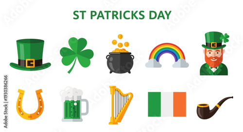 St Patricks Day icons featuring a hat clover pot of gold rainbow leprechaun horseshoe beer harp flag and pipe